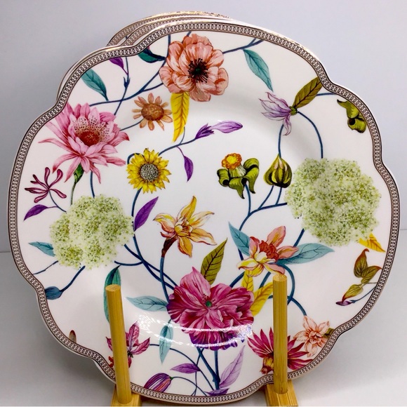 4 Grace Teaware Magnolia Song Bird SALAD Plates Floral Scalloped Gold Rim